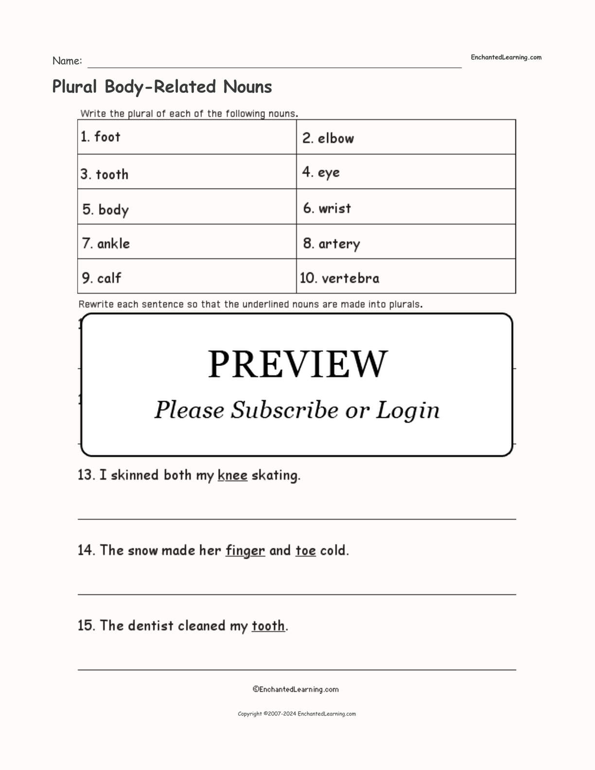 Plural Body-Related Nouns interactive worksheet page 1