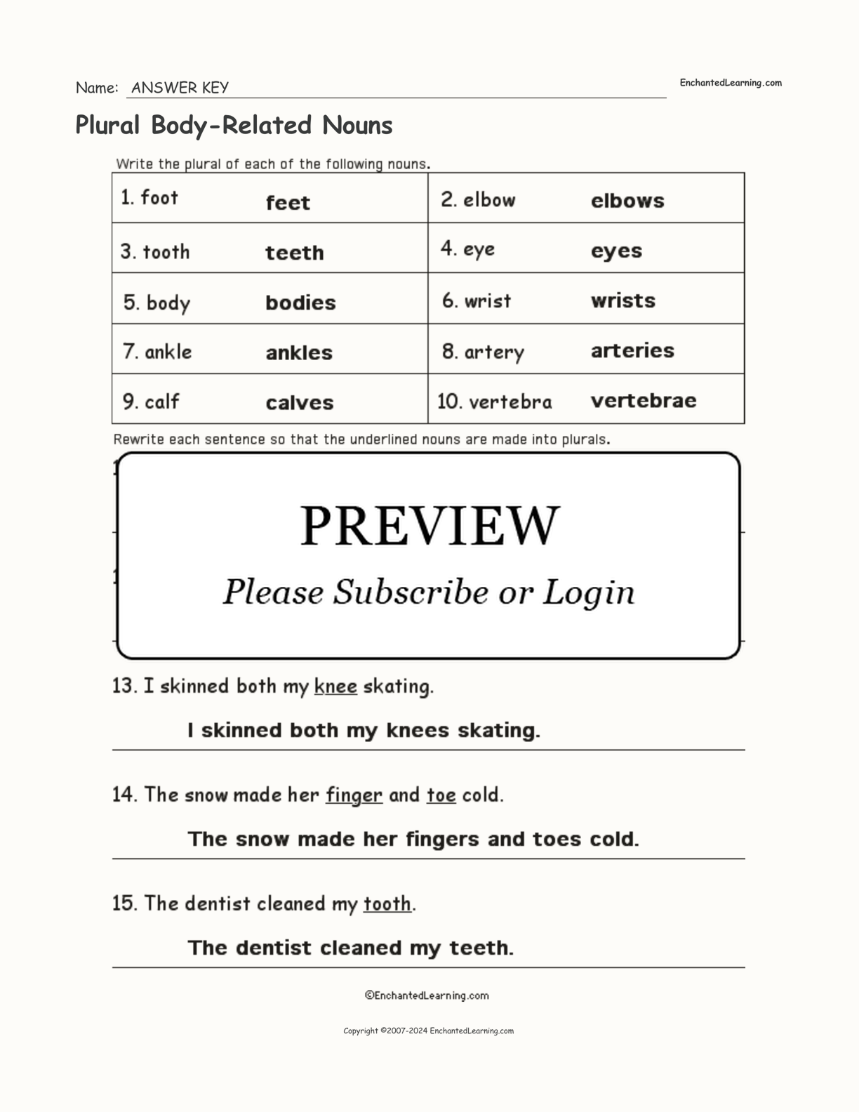 Plural Body-Related Nouns interactive worksheet page 2