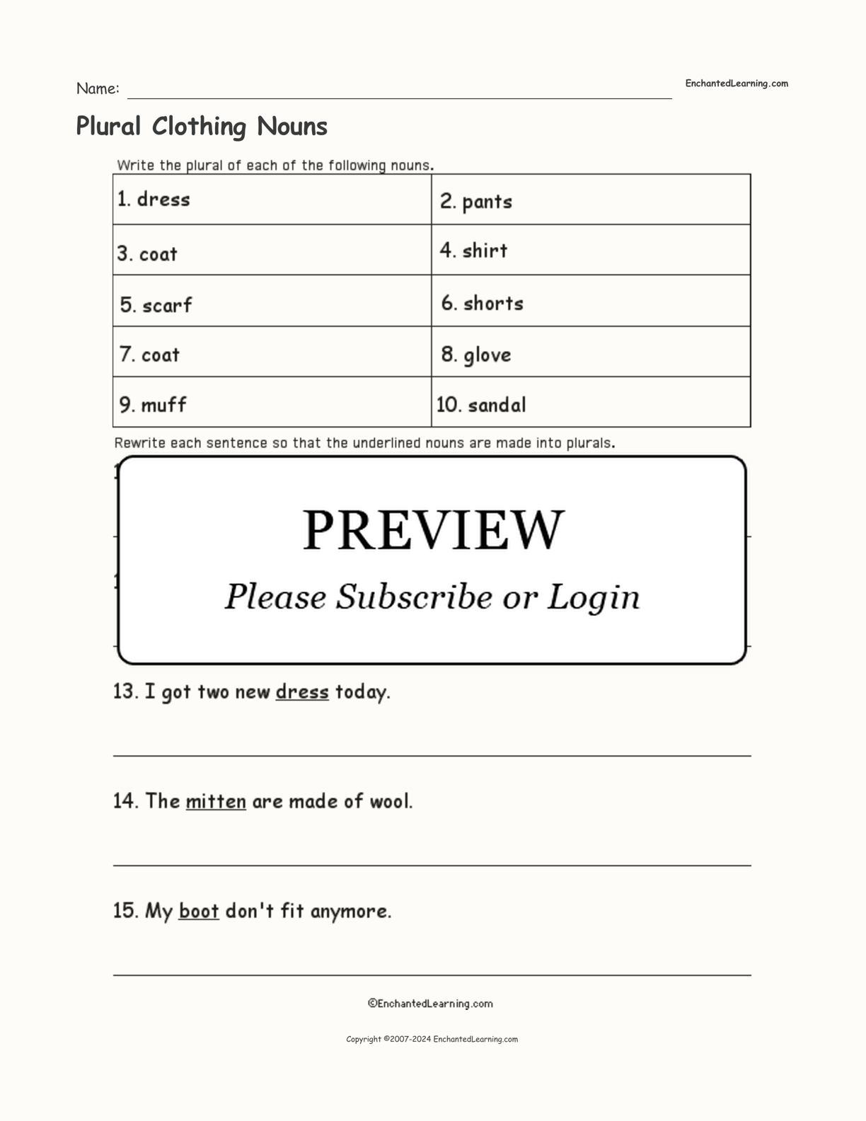 Plural Clothing Nouns interactive worksheet page 1