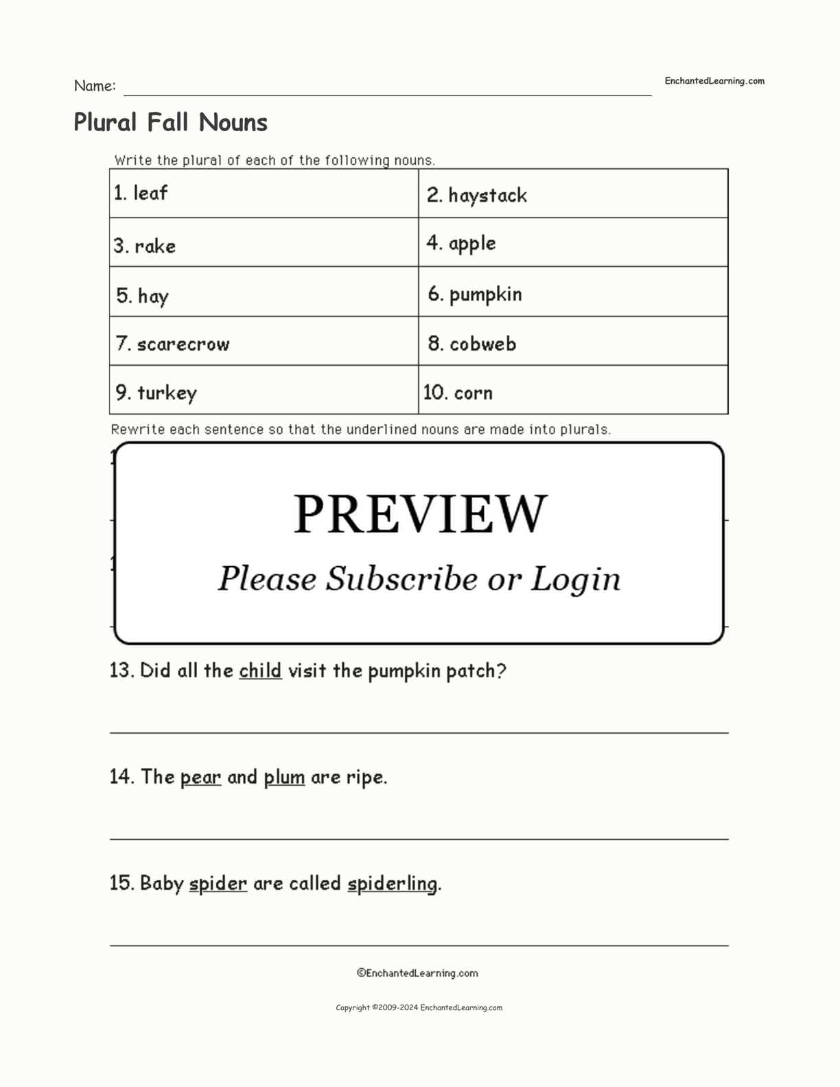Plural Fall Nouns interactive worksheet page 1