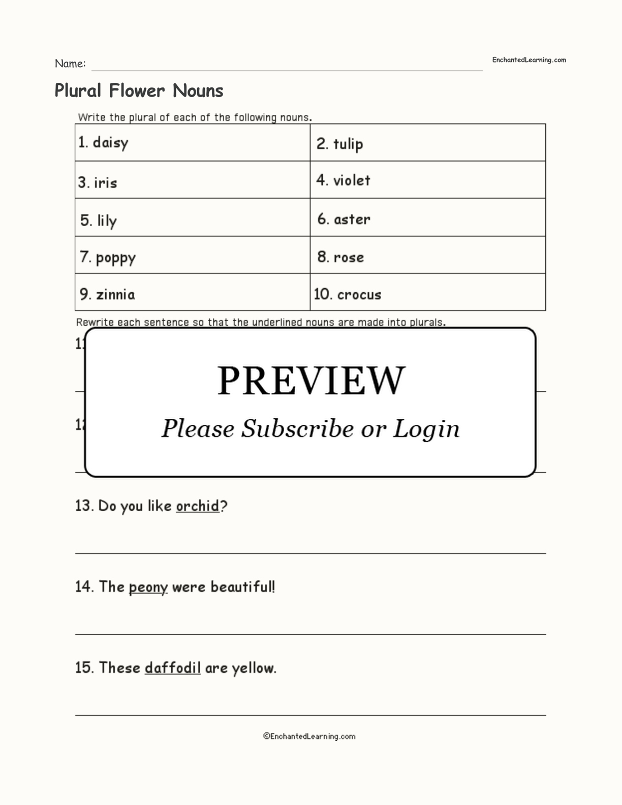 Plural Flower Nouns interactive worksheet page 1
