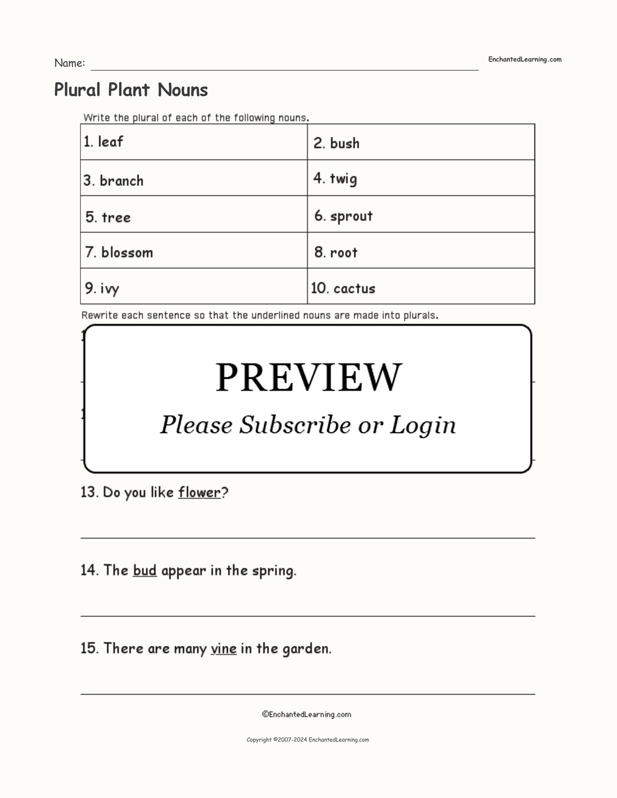 Plural Plant Nouns interactive worksheet page 1