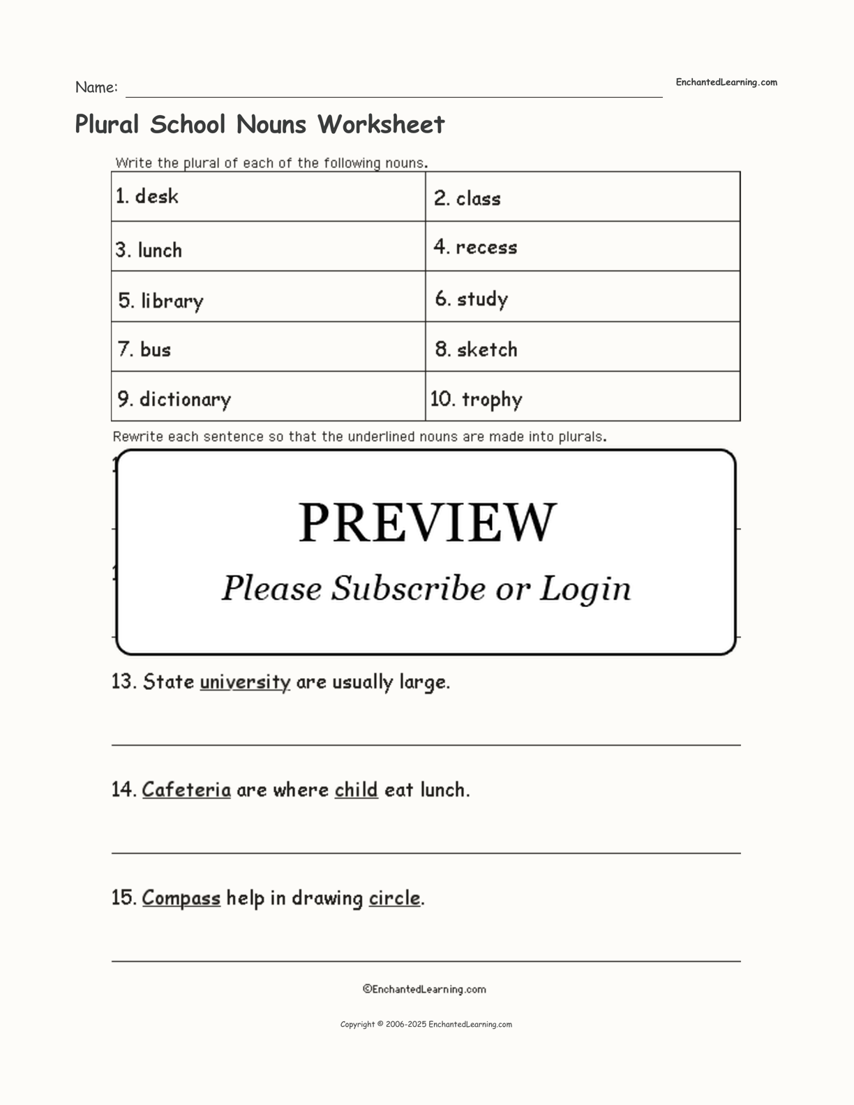 Plural School Nouns Worksheet interactive worksheet page 1