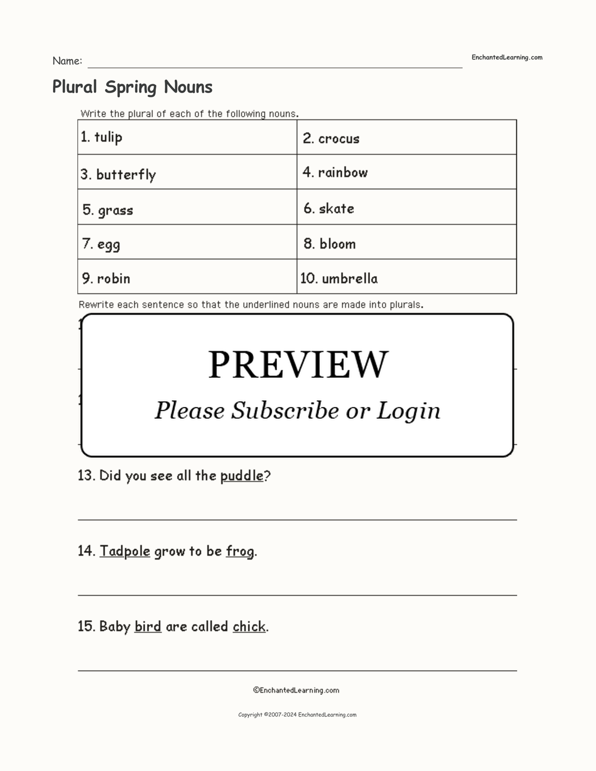 Plural Spring Nouns interactive worksheet page 1
