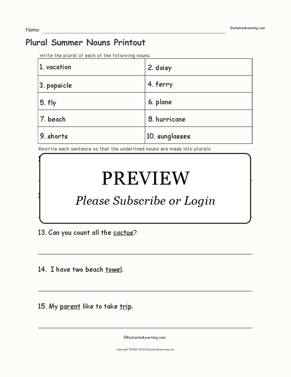 Plural Summer Nouns Printout interactive worksheet page 1
