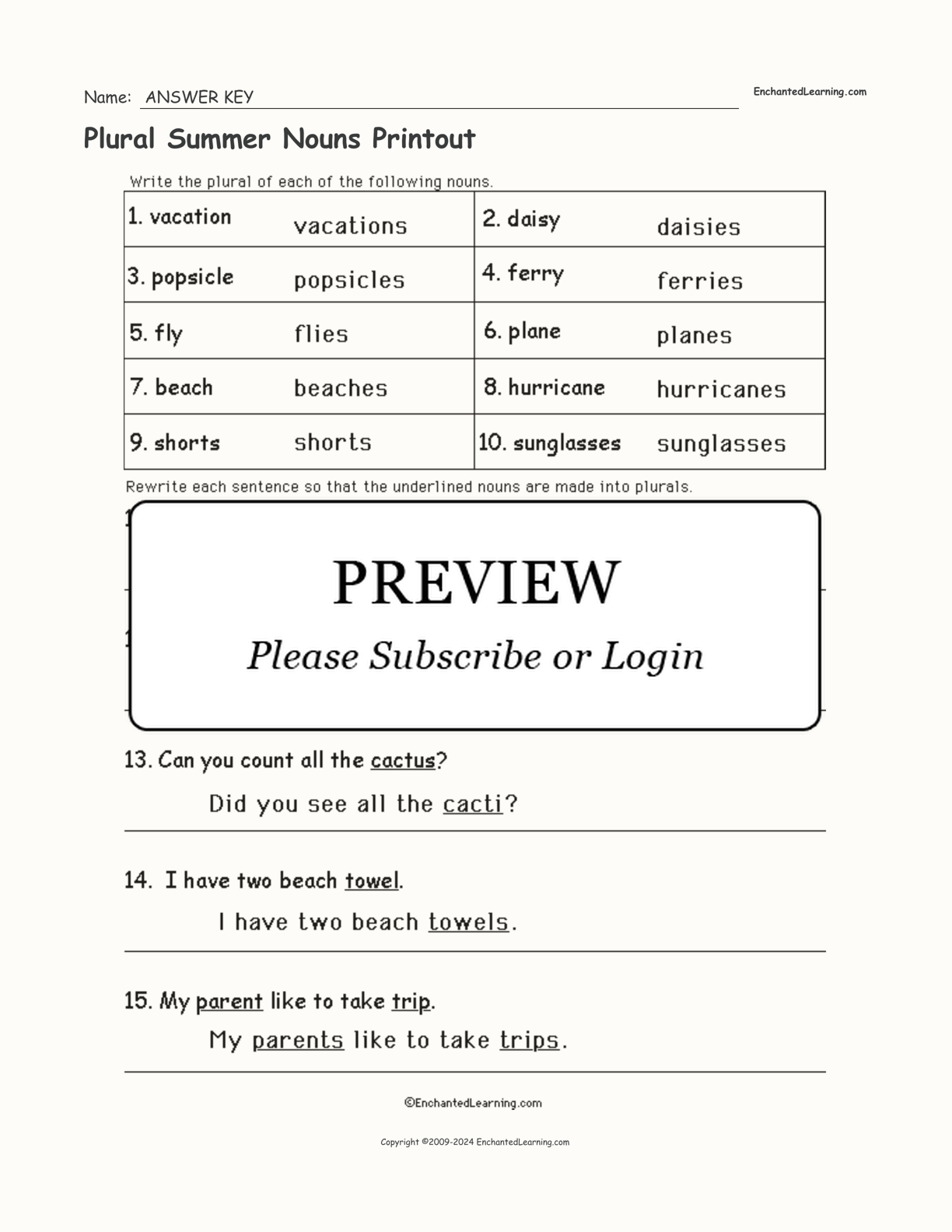 Plural Summer Nouns Printout interactive worksheet page 2