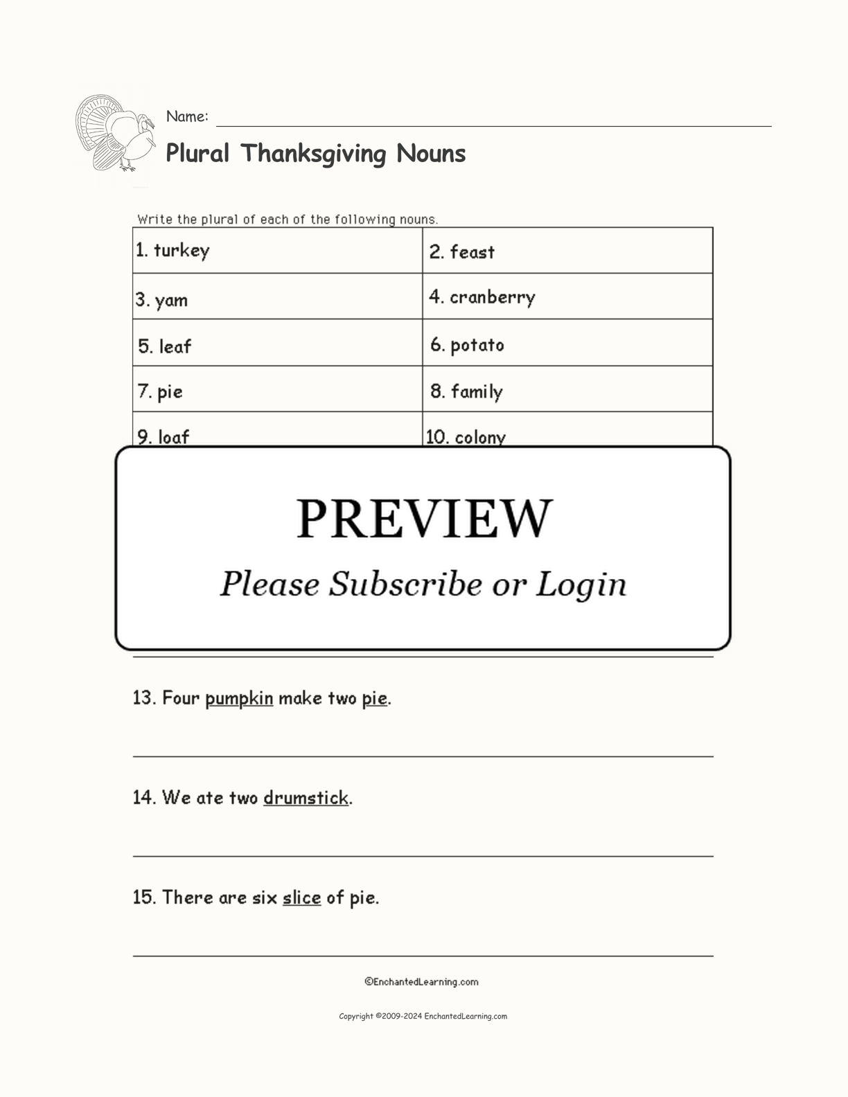 Plural Thanksgiving Nouns interactive worksheet page 1