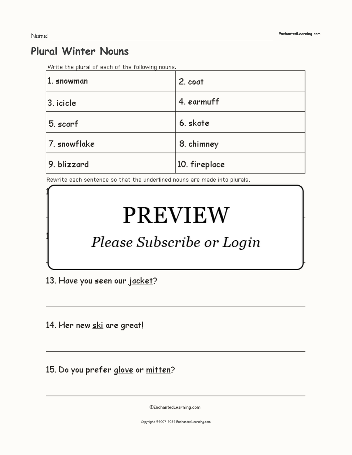 Plural Winter Nouns interactive worksheet page 1