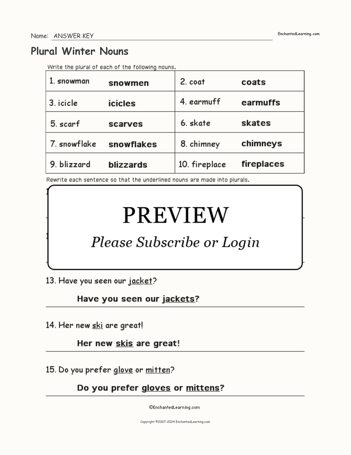 Plural Winter Nouns interactive worksheet page 2