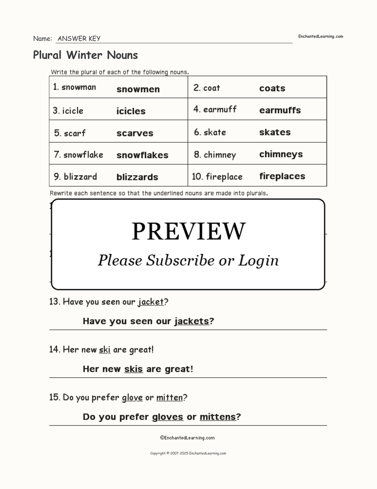 Plural Winter Nouns Enchanted Learning