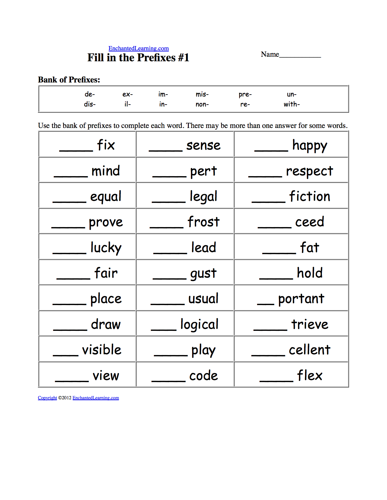 Fill in the Prefixes: Worksheets. EnchantedLearning.com Intended For Prefixes Worksheet 2nd Grade