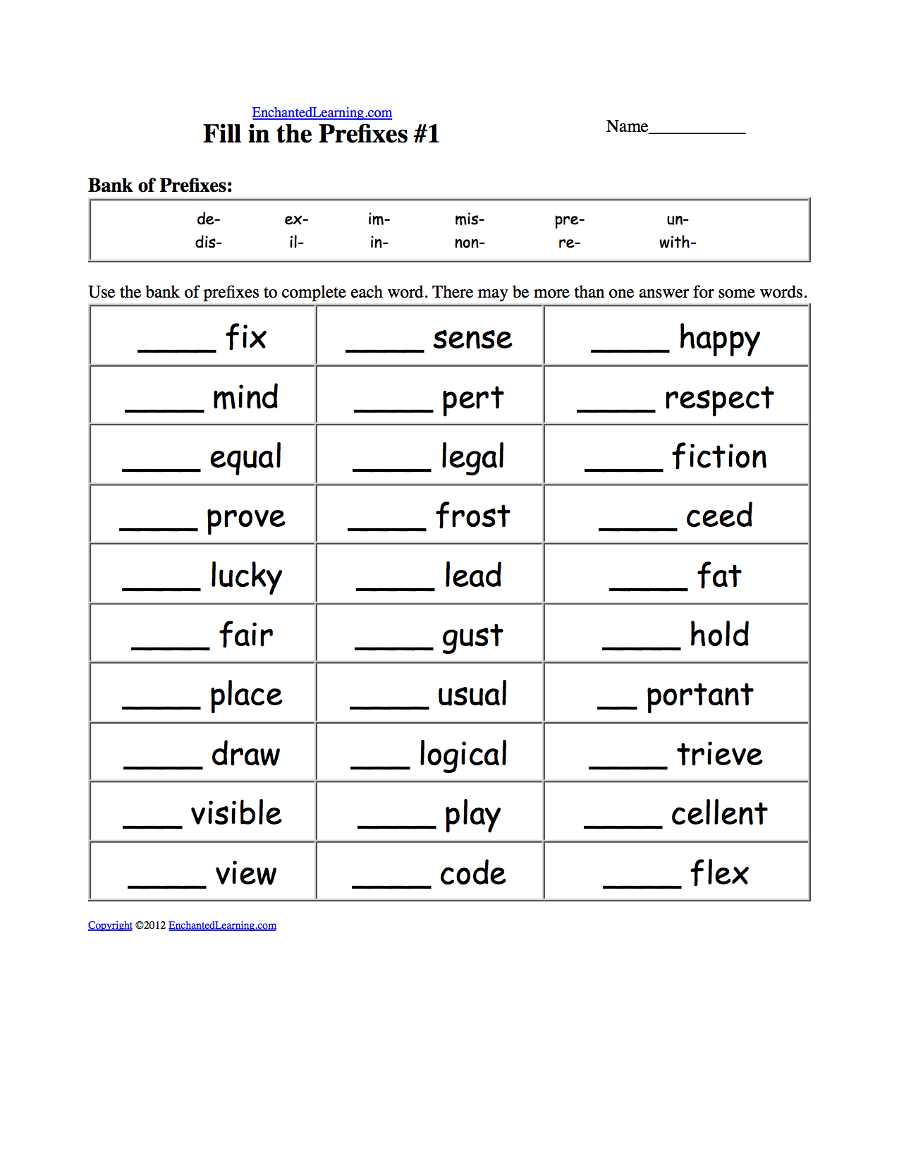 Worksheets And Activities Prefixes And Suffixes EnchantedLearning