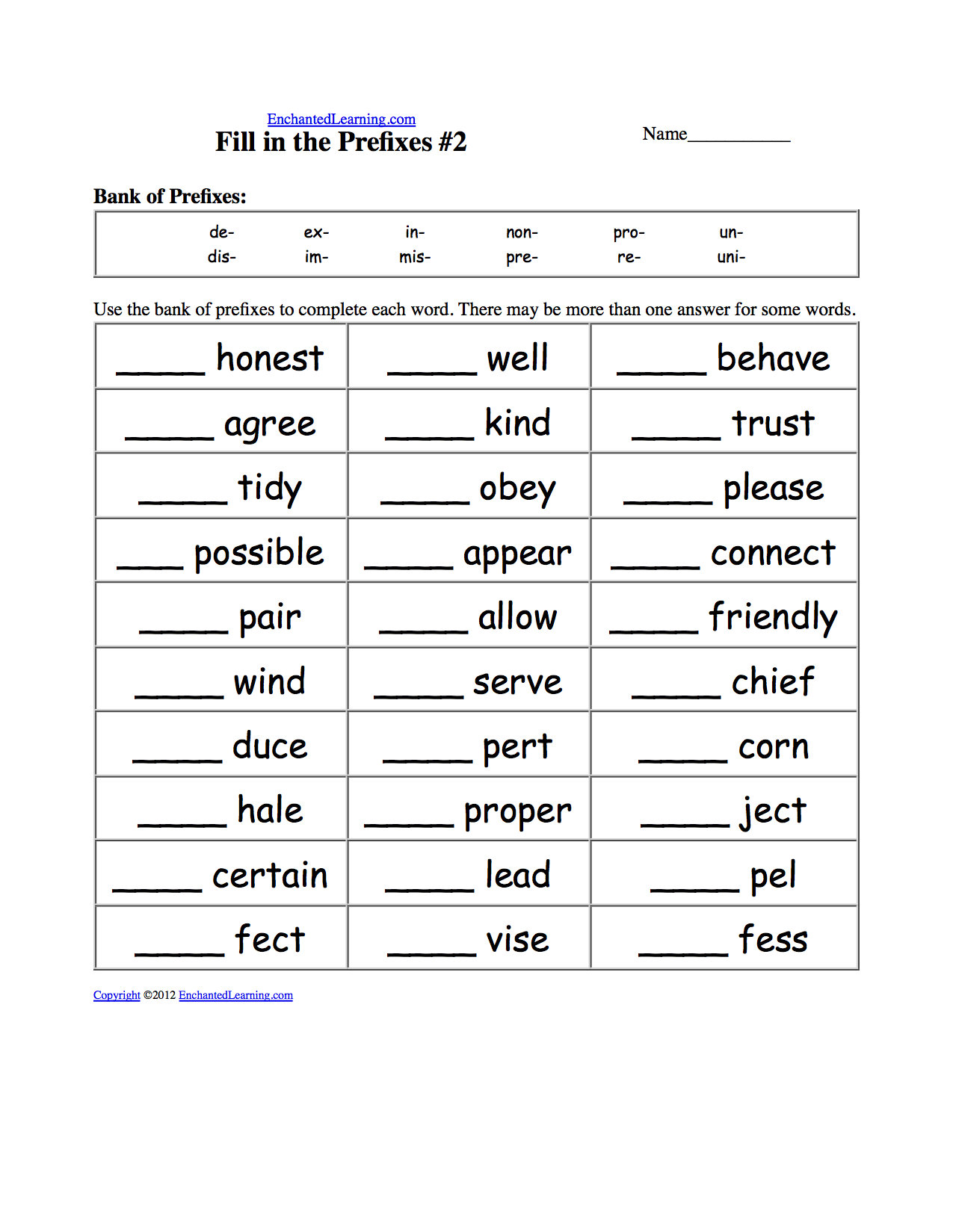 Fill in the Prefixes: Worksheets. EnchantedLearning.com Inside Prefixes And Suffixes Worksheet