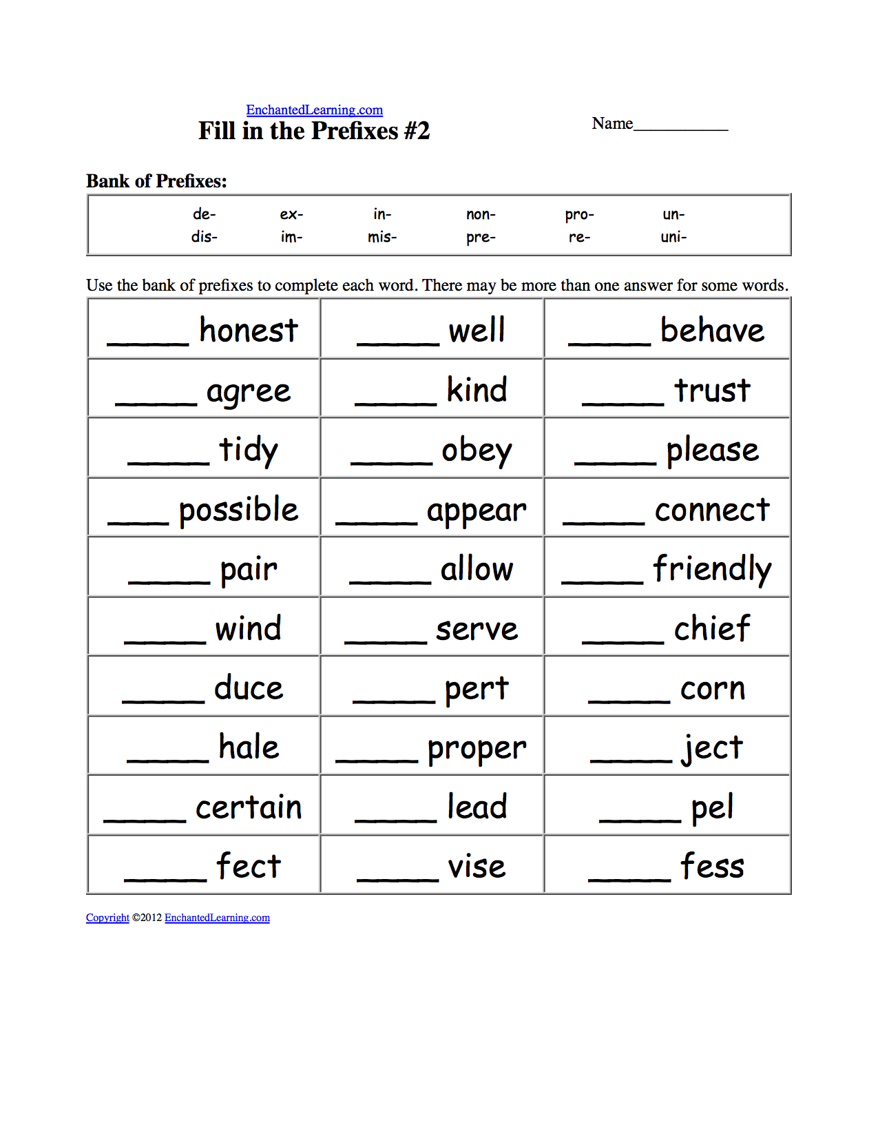 Fill in the Prefixes: Worksheets. EnchantedLearning.com Regarding Prefixes And Suffixes Worksheet