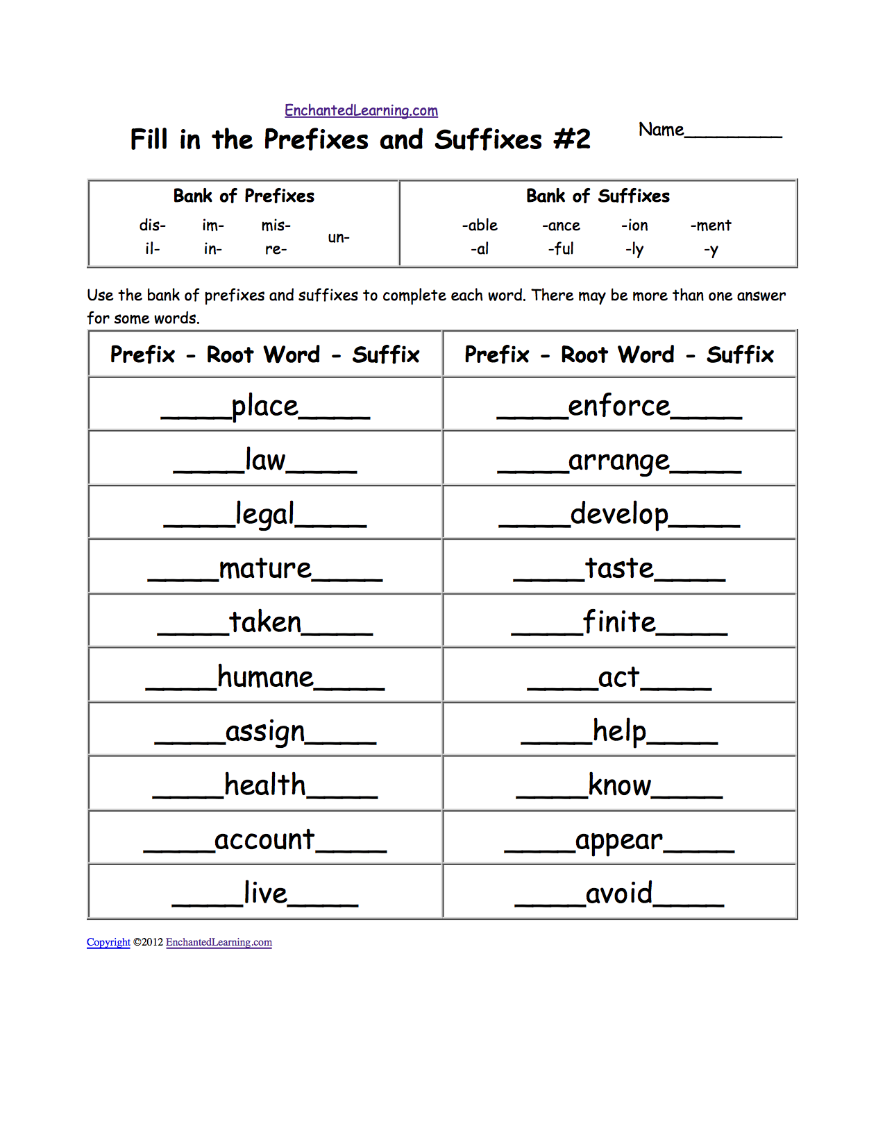 Prefix worksheet