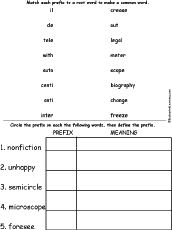 Prefixes to Root Matching Worksheet #2