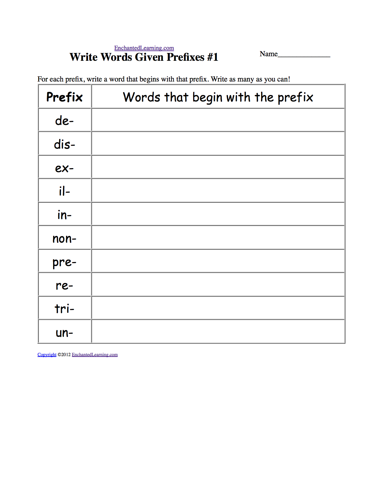 Prefix worksheet