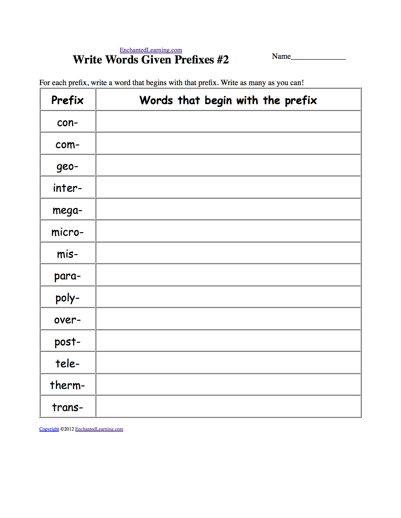 Write Words Given Prefixes: Worksheets. EnchantedLearning.com