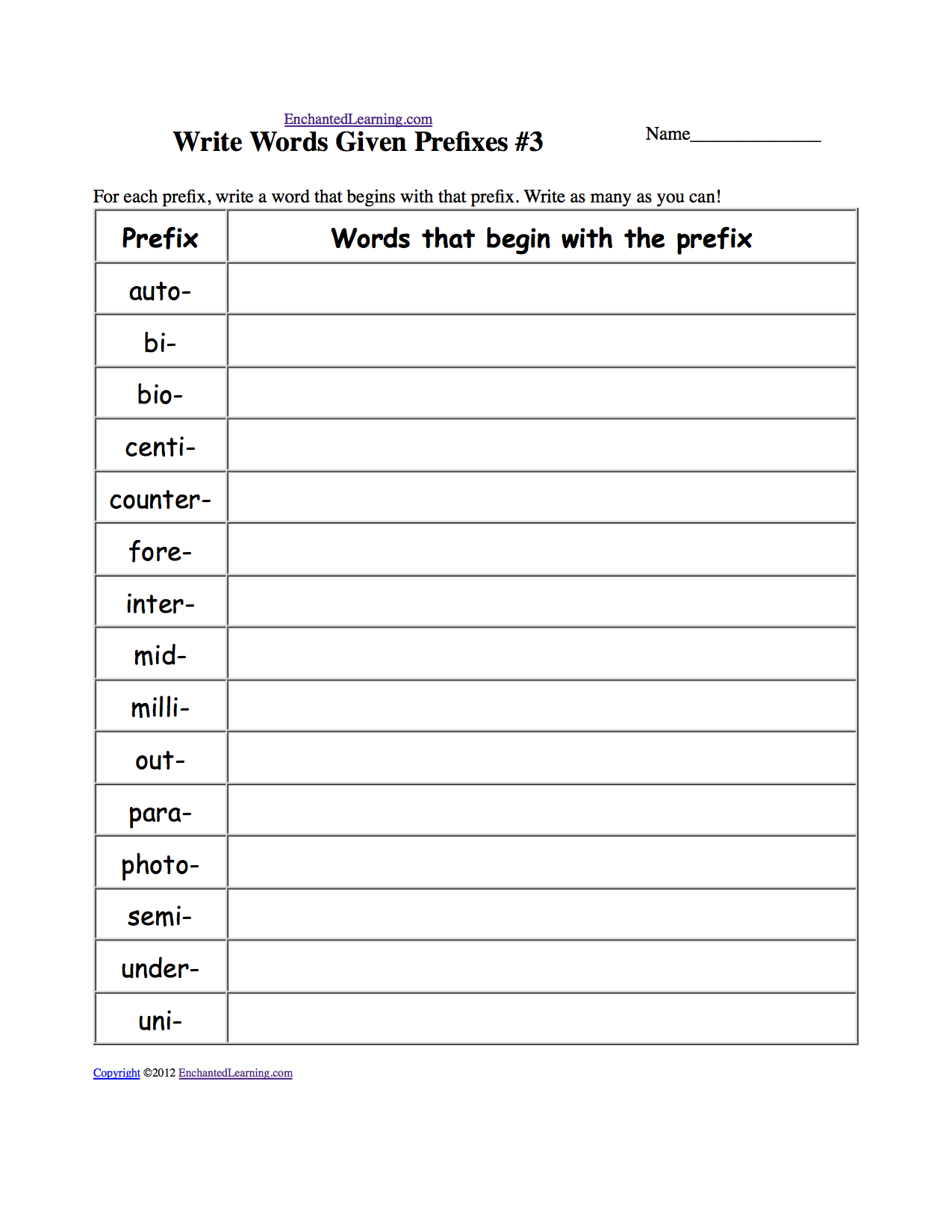 Prefix worksheet