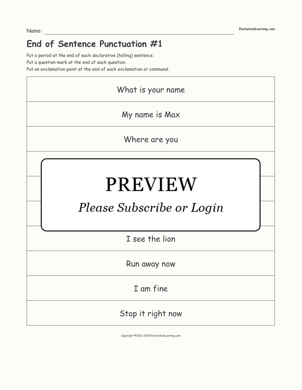 End of Sentence Punctuation #1 interactive worksheet page 1