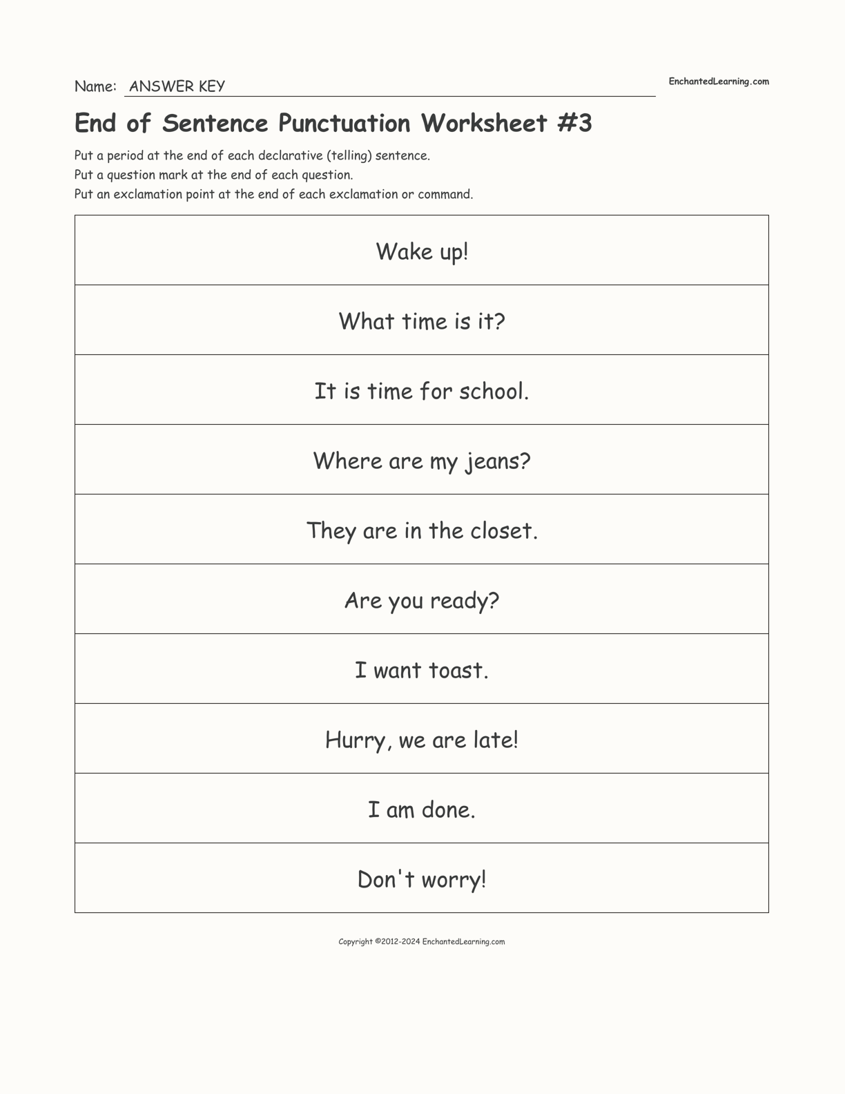 End Of Sentence Punctuation Worksheet 3 Enchanted Learning