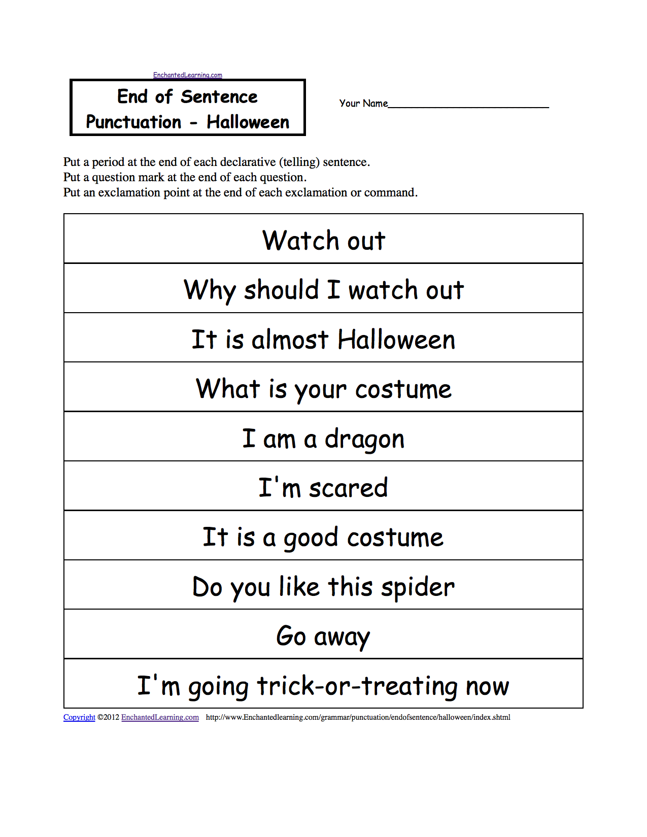 End Of Sentence Punctuation Halloween A Printable Worksheet