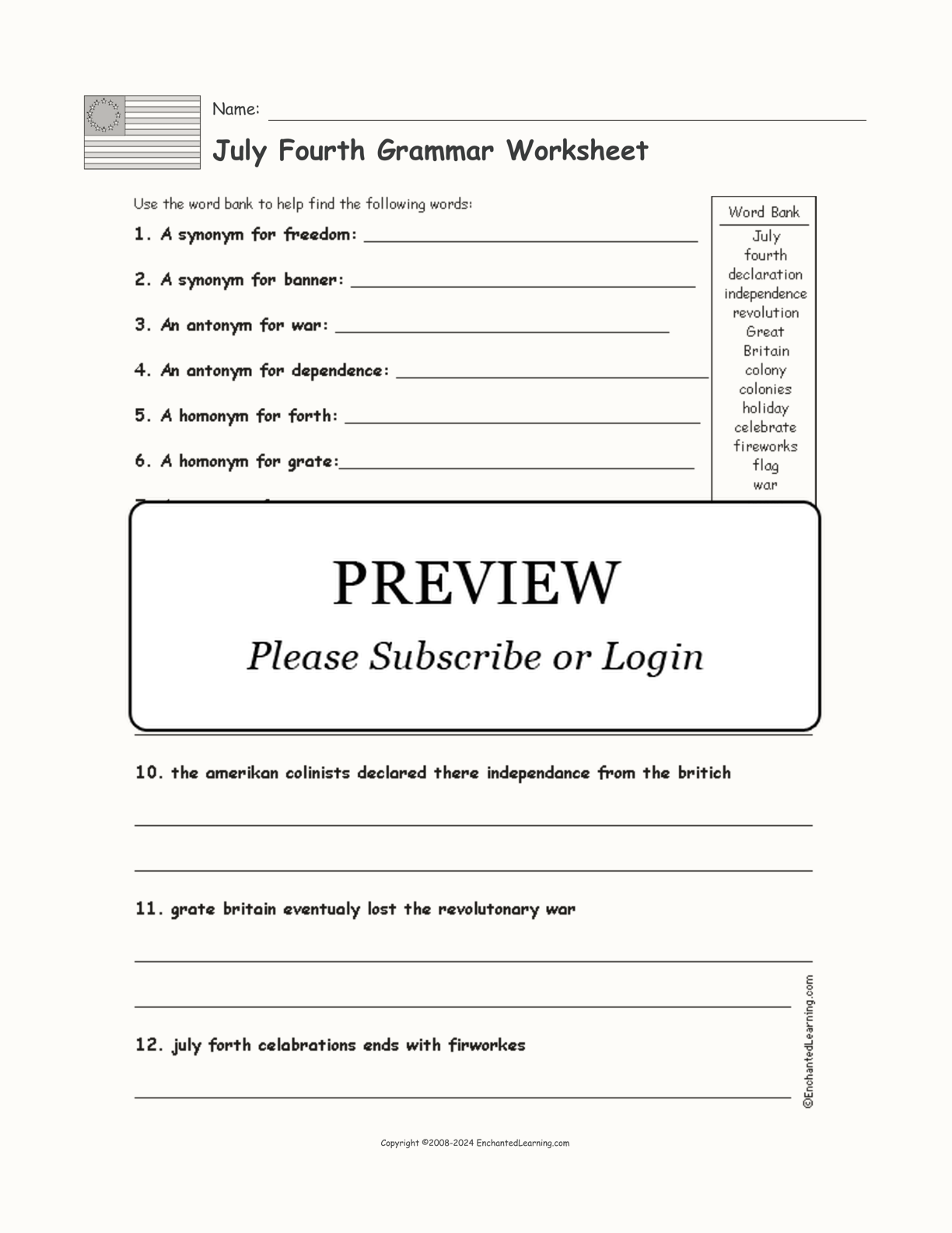 July Fourth Grammar Worksheet interactive worksheet page 1
