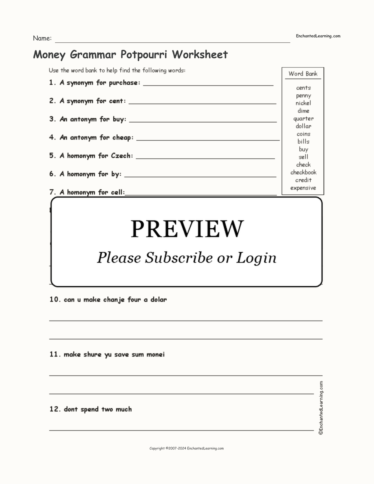 Money Grammar Potpourri Worksheet interactive worksheet page 1