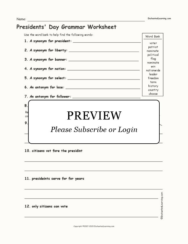 Presidents Day Grammar Worksheet Enchanted Learning