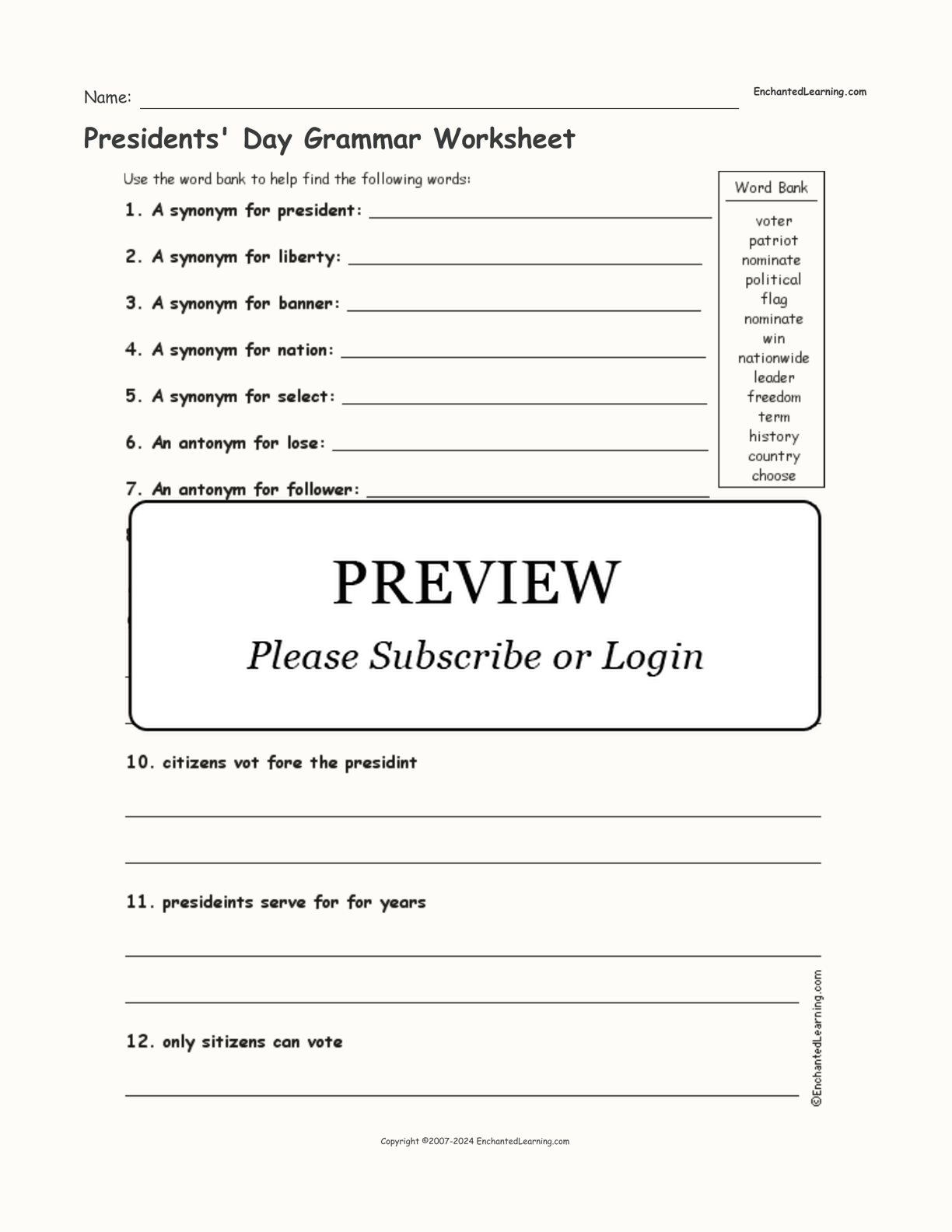 Presidents' Day Grammar Worksheet interactive worksheet page 1