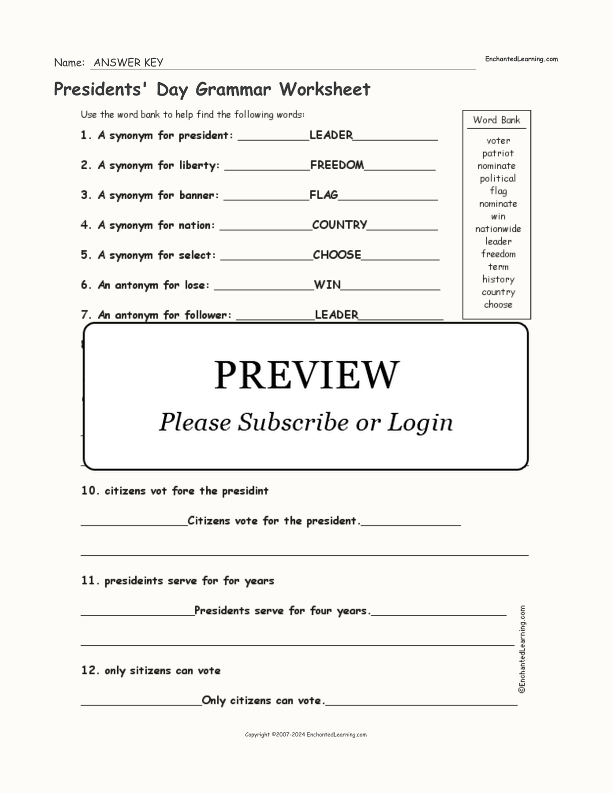 Presidents' Day Grammar Worksheet interactive worksheet page 2
