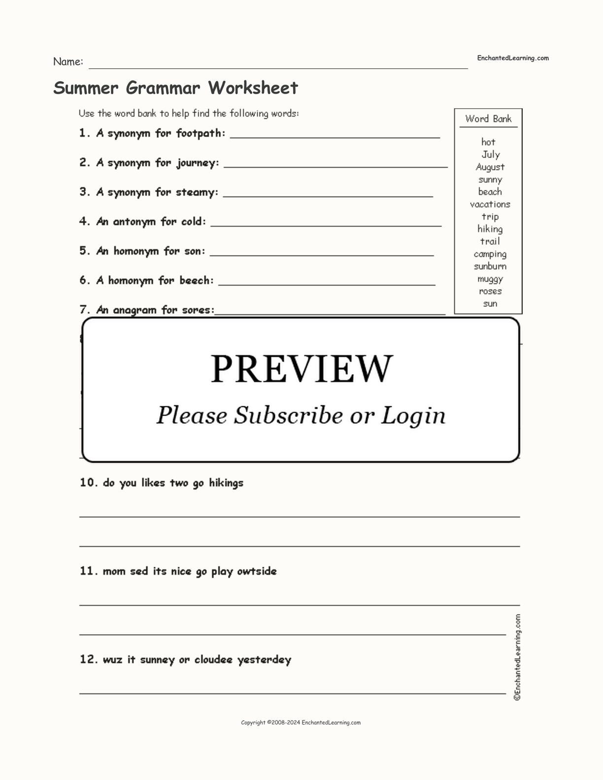 Summer Grammar Worksheet interactive worksheet page 1