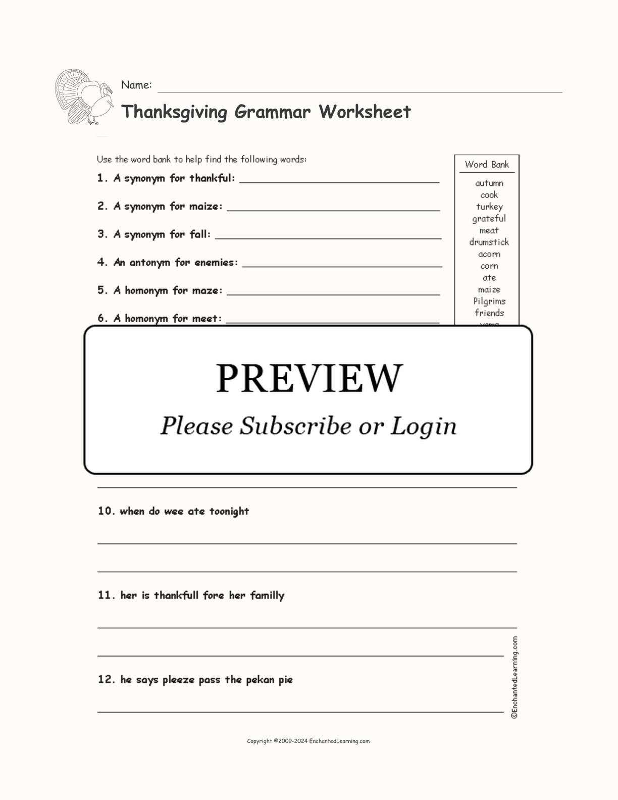 Thanksgiving Grammar Worksheet interactive worksheet page 1