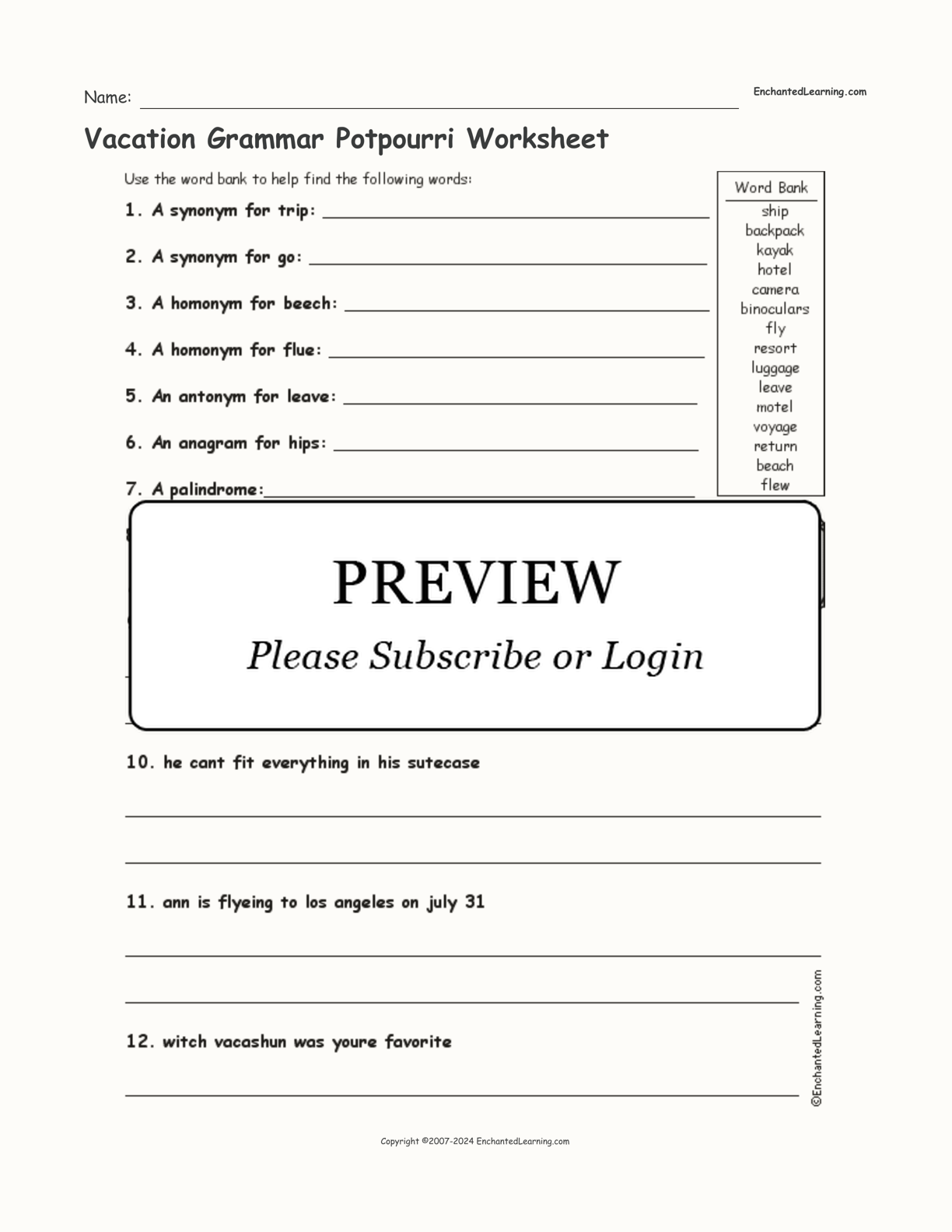 Vacation Grammar Potpourri Worksheet interactive worksheet page 1