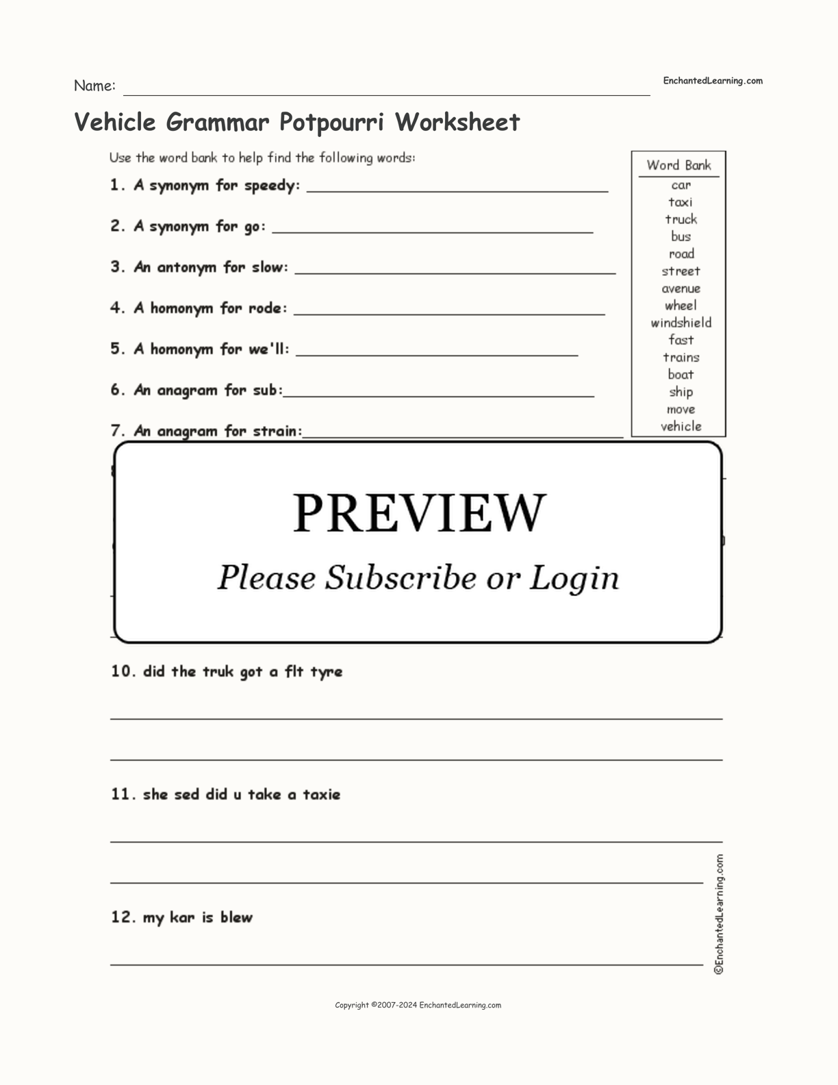 Vehicle Grammar Potpourri Worksheet interactive worksheet page 1