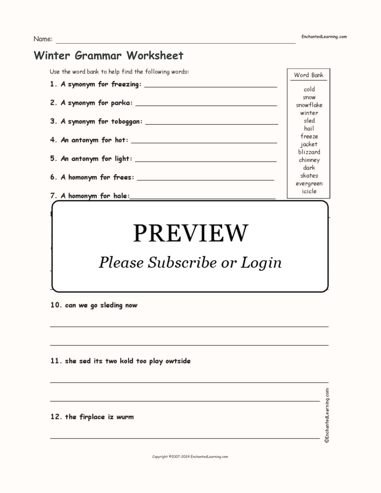Winter Grammar Worksheet interactive worksheet page 1