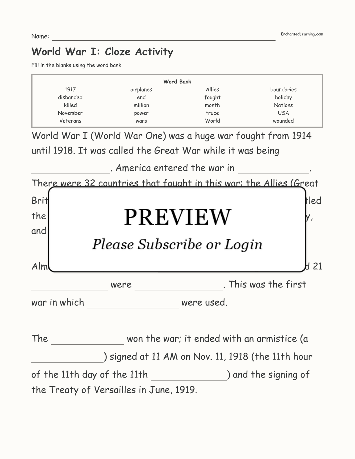 World War I: Cloze Activity interactive worksheet page 1