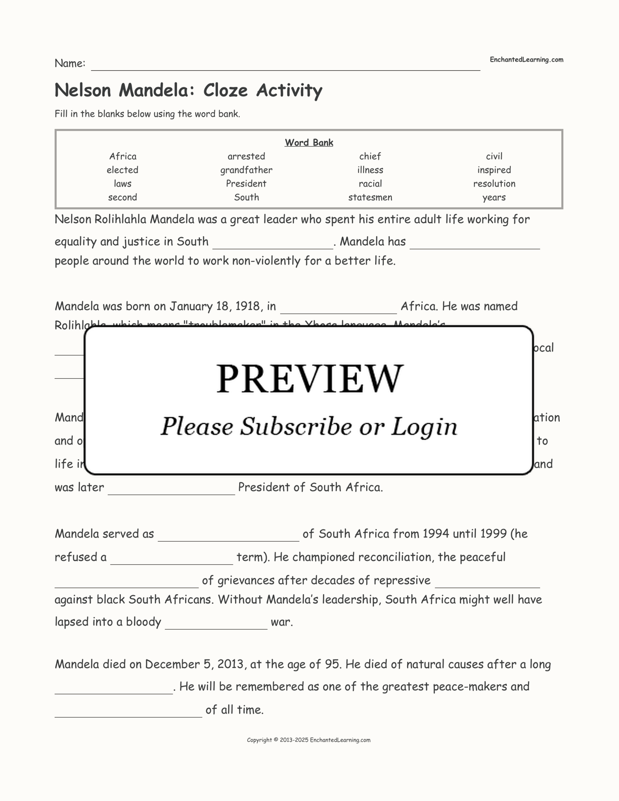 Nelson Mandela: Cloze Activity interactive worksheet page 1