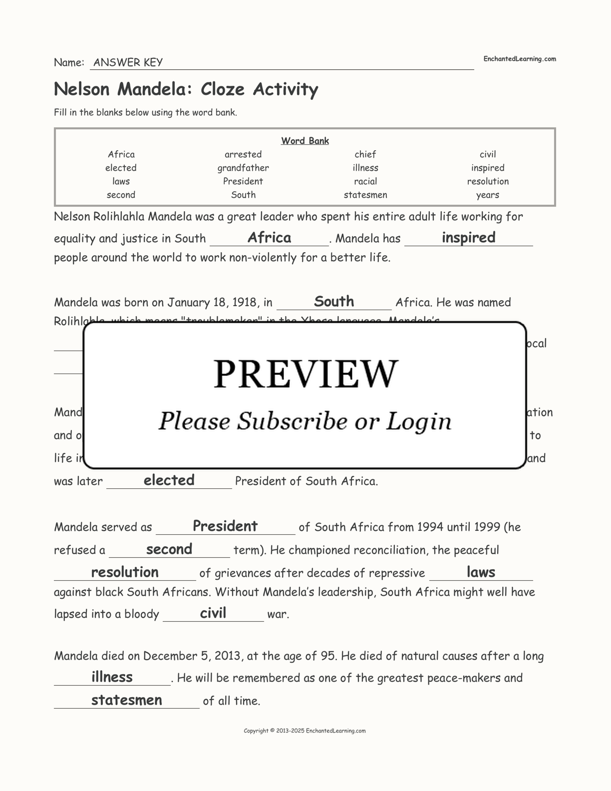 Nelson Mandela: Cloze Activity interactive worksheet page 2