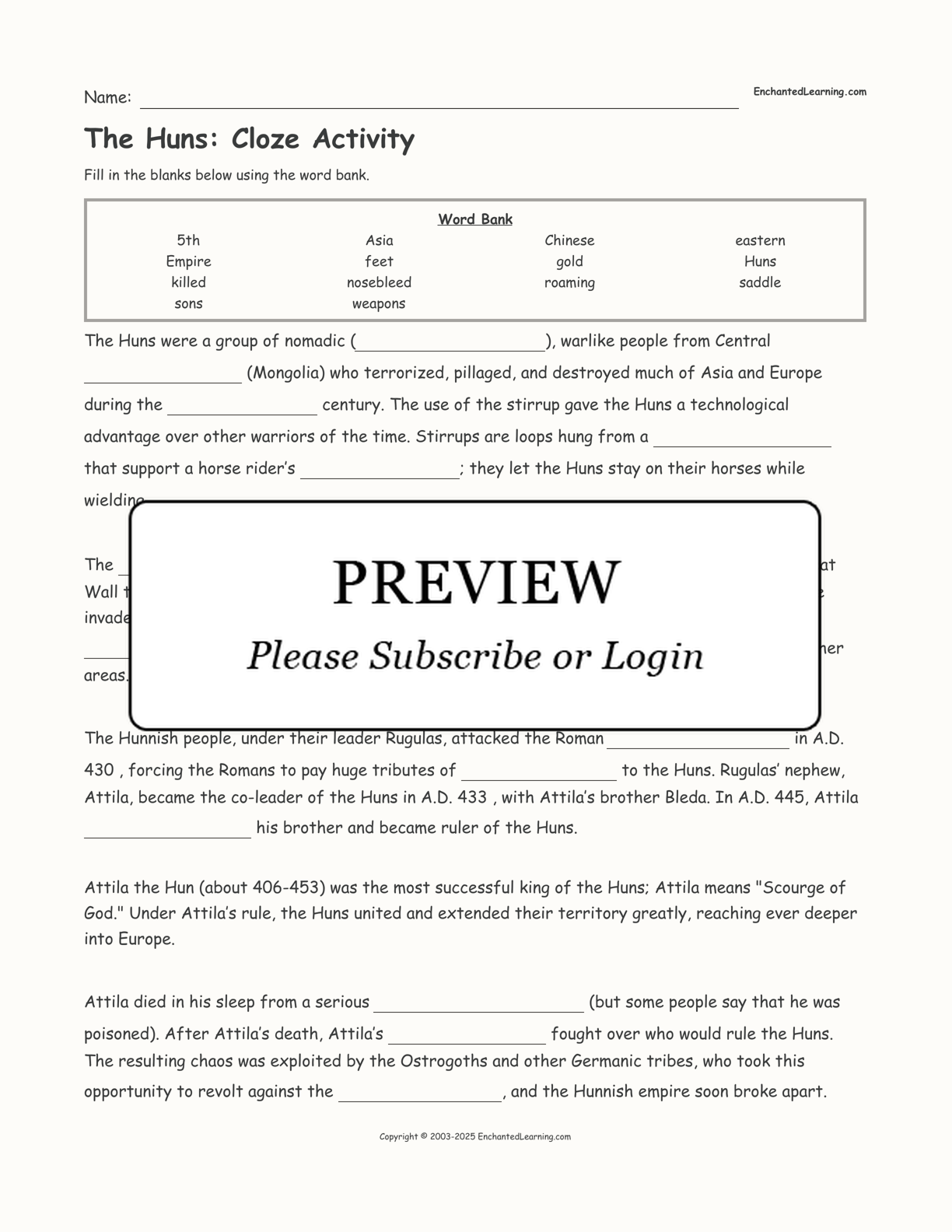 The Huns: Cloze Activity interactive worksheet page 1