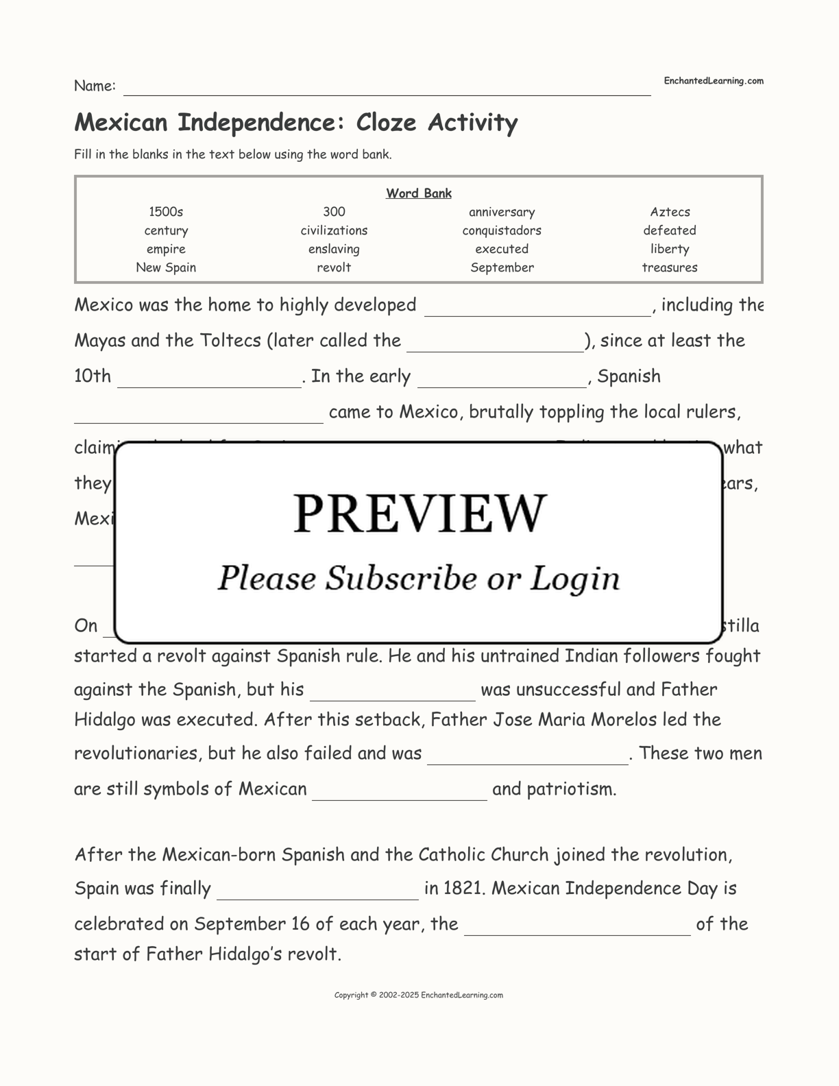 Mexican Independence: Cloze Activity interactive worksheet page 1