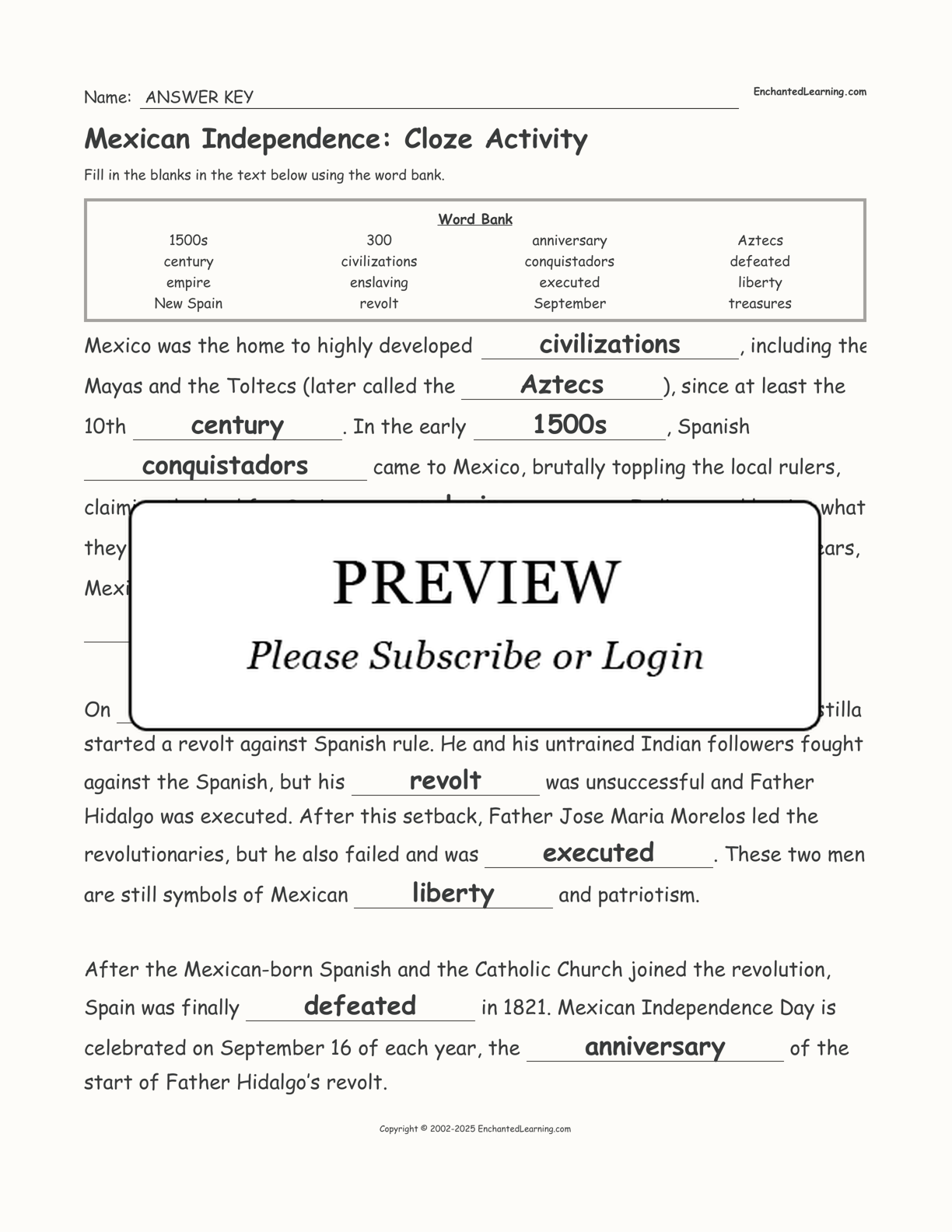 Mexican Independence: Cloze Activity interactive worksheet page 2