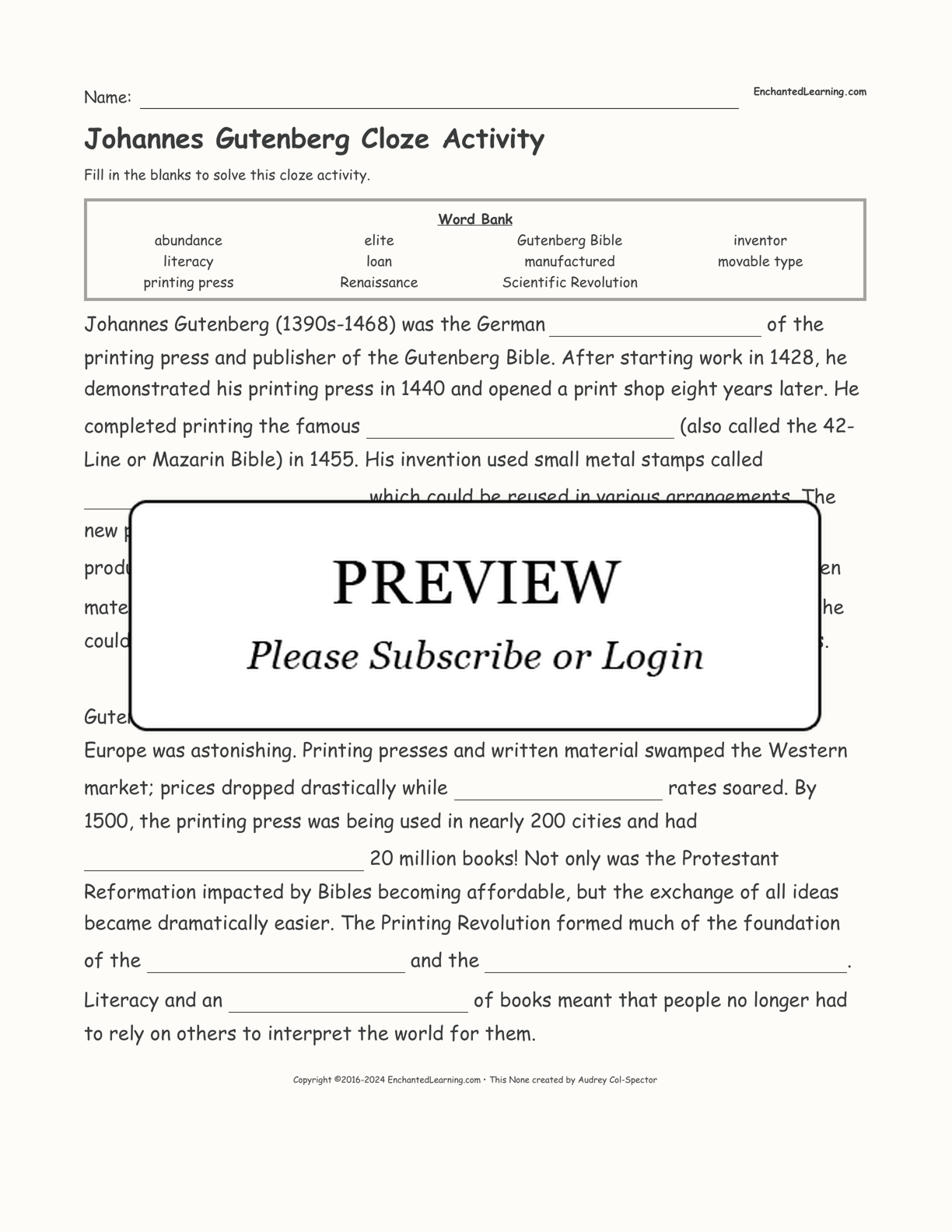Johannes Gutenberg Cloze Activity interactive worksheet page 1