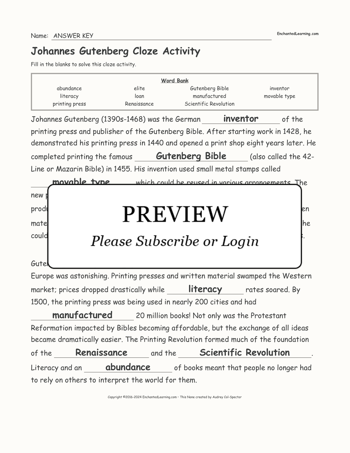 Johannes Gutenberg Cloze Activity interactive worksheet page 2