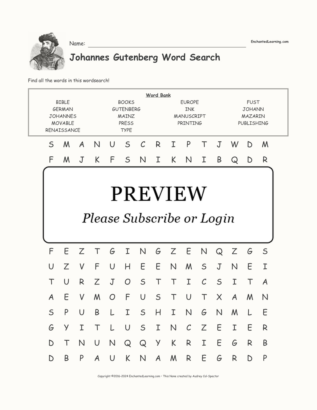 Johannes Gutenberg Word Search interactive worksheet page 1