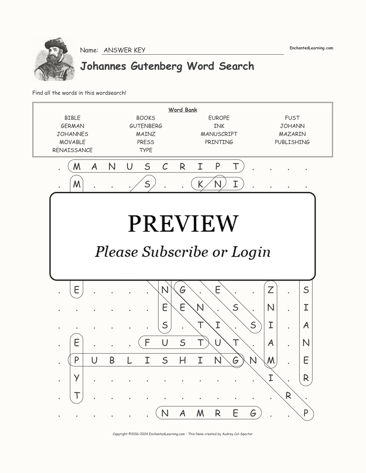 Johannes Gutenberg Word Search interactive worksheet page 2
