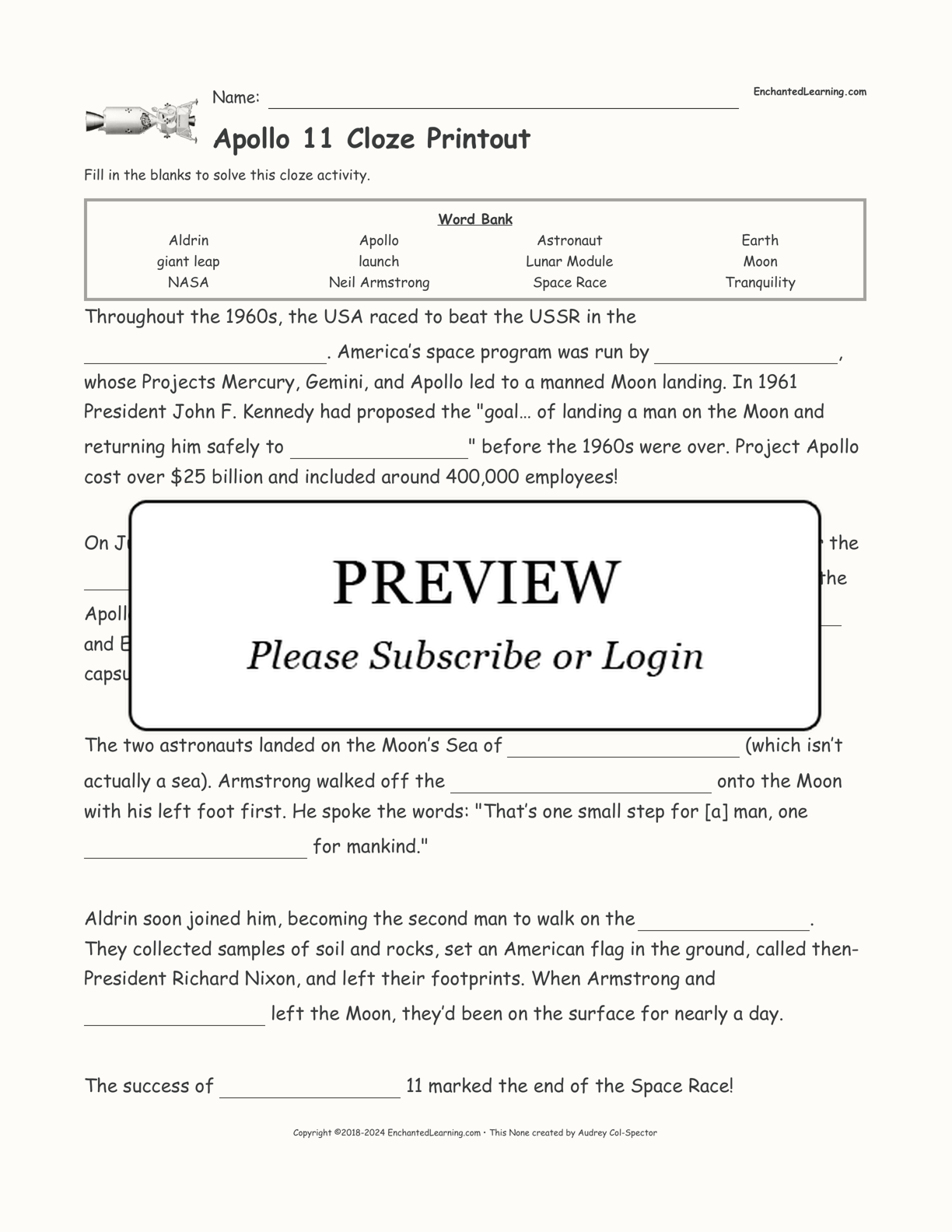 Apollo 11 Cloze Printout interactive worksheet page 1