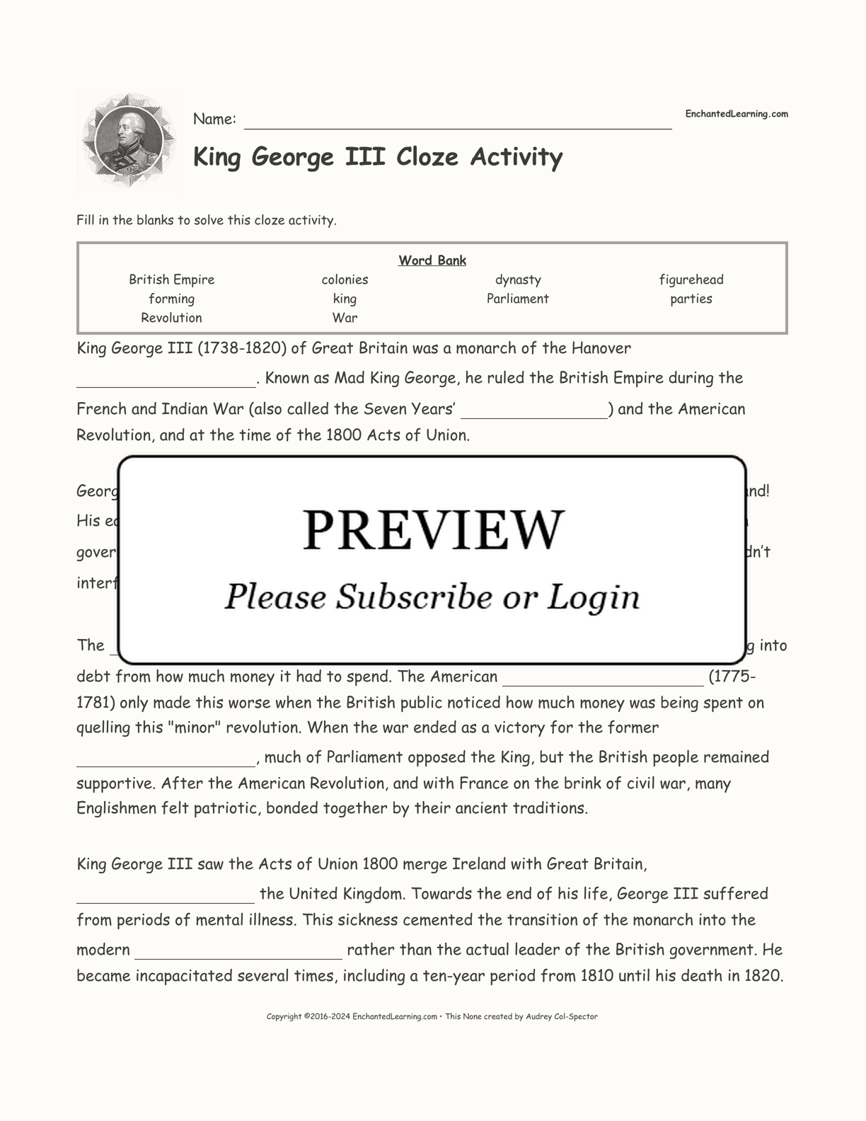King George III Cloze Activity interactive worksheet page 1