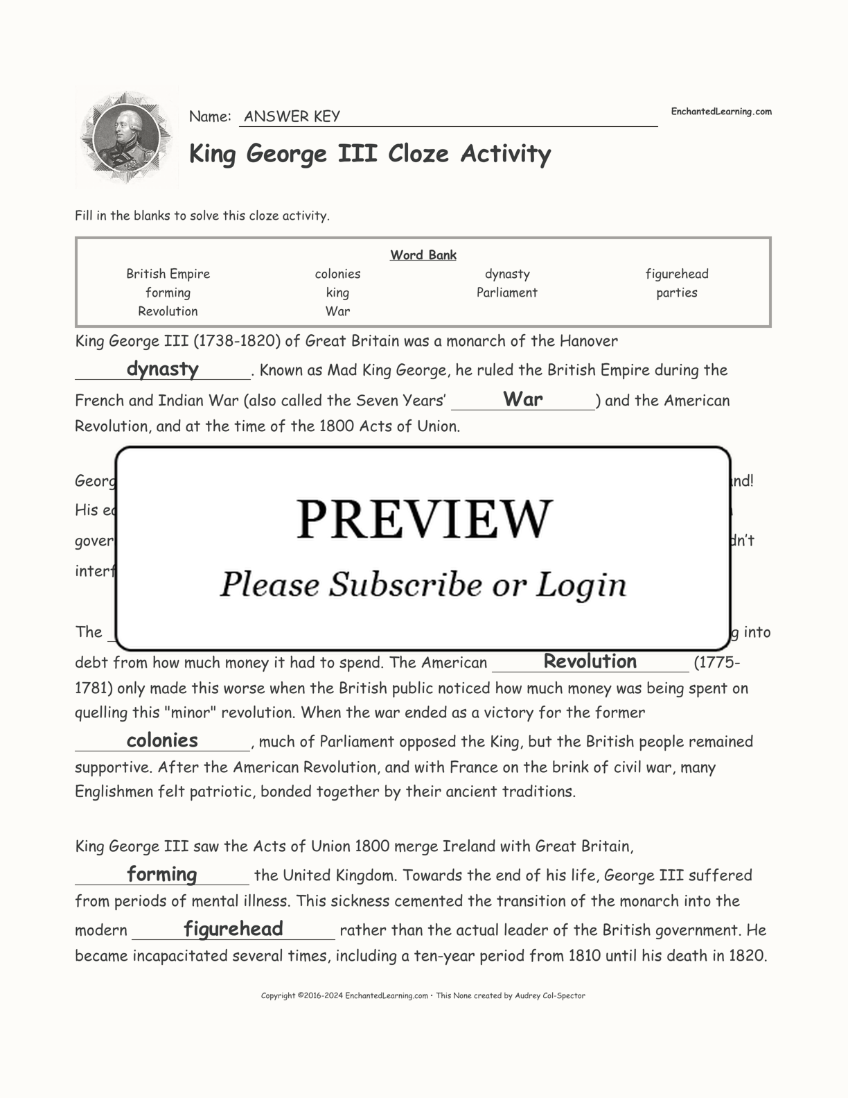 King George III Cloze Activity interactive worksheet page 2