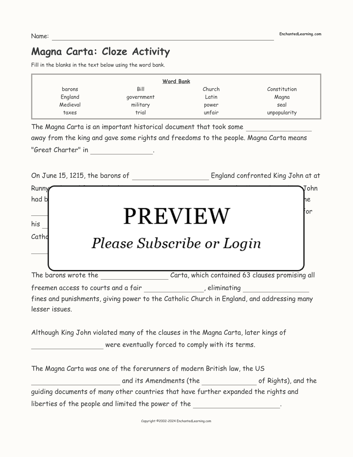 Magna Carta: Cloze Activity interactive worksheet page 1